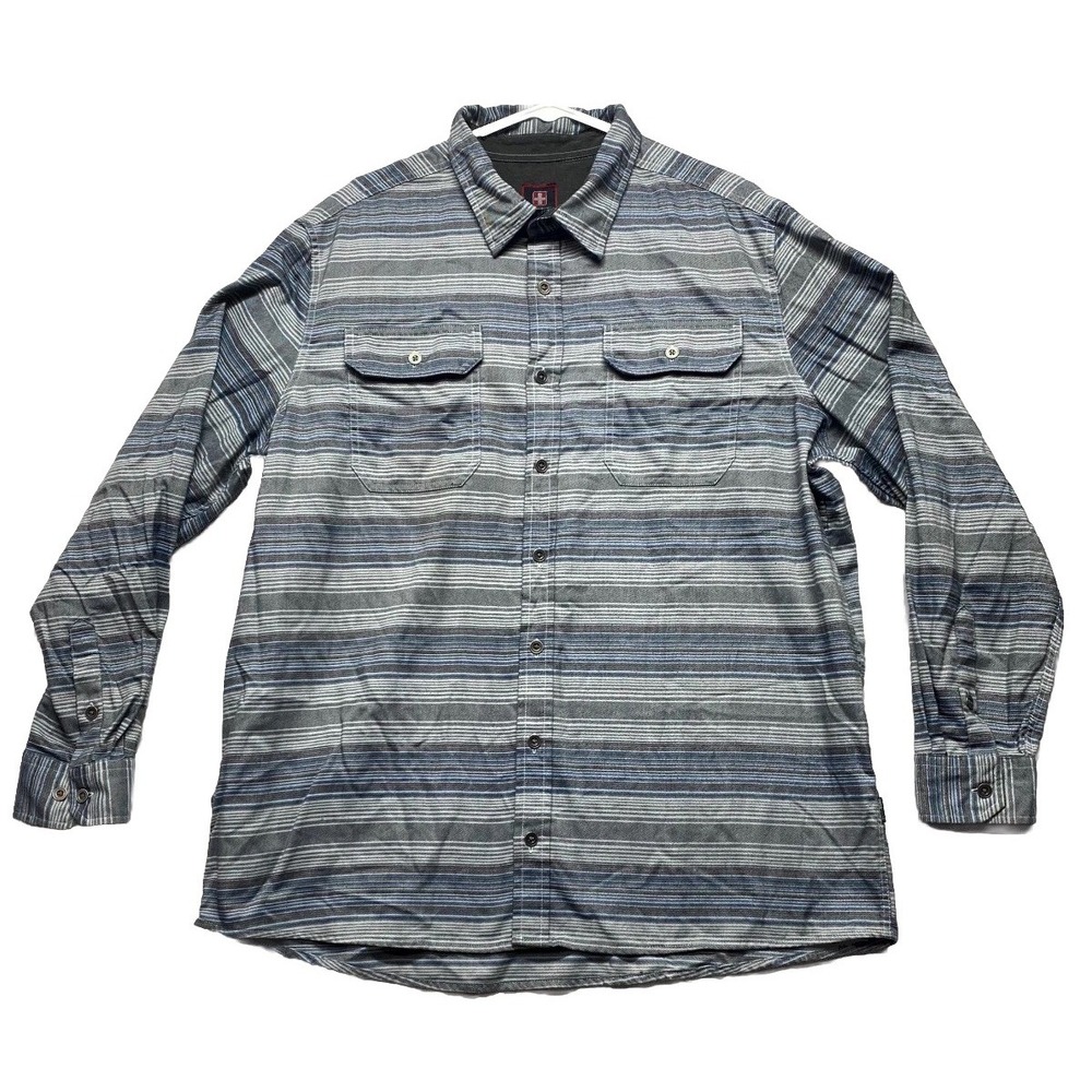 Swiss Tech Shirt Mens 2XL Gray Striped Stretch Flap Pockets Streetwear Button Up